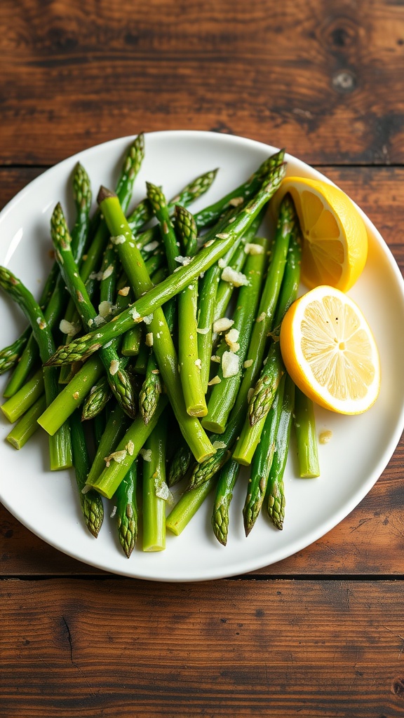 Sautéed asparagus with garlic and lemon on a rustic wooden table.